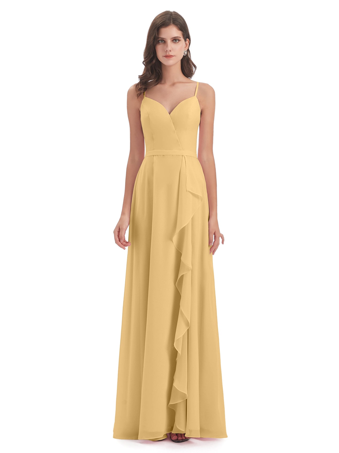 Delilah Sheath Spaghetti Straps Chiffon Long Bridesmaid Dresses
