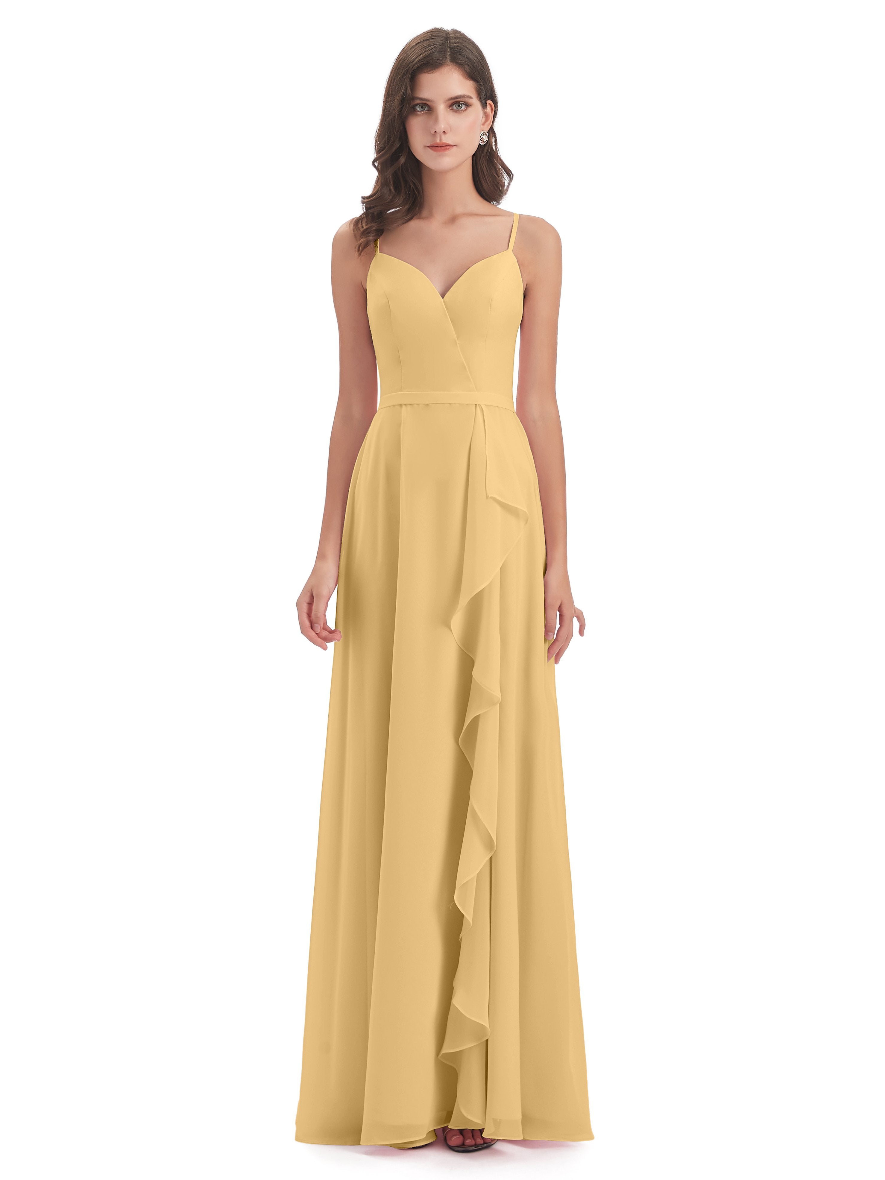 Delilah Sheath Spaghetti Straps Chiffon Long Bridesmaid Dresses