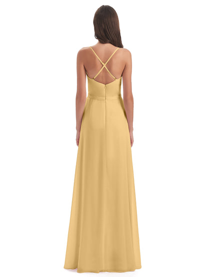 Delilah Sheath Spaghetti Straps Chiffon Long Bridesmaid Dresses
