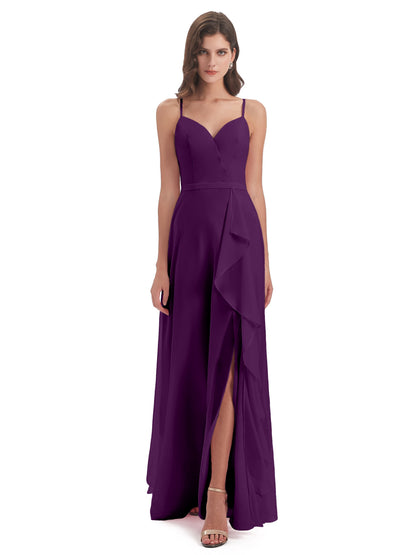 Delilah Sheath Spaghetti Straps Chiffon Long Bridesmaid Dresses