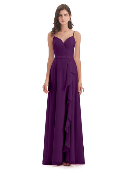 Delilah Sheath Spaghetti Straps Chiffon Long Bridesmaid Dresses