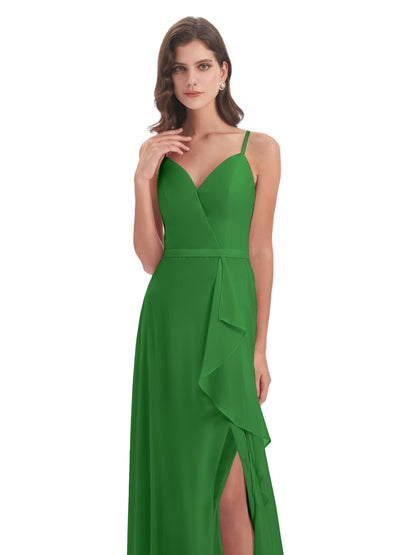 Delilah Sheath Spaghetti Straps Chiffon Long Bridesmaid Dresses