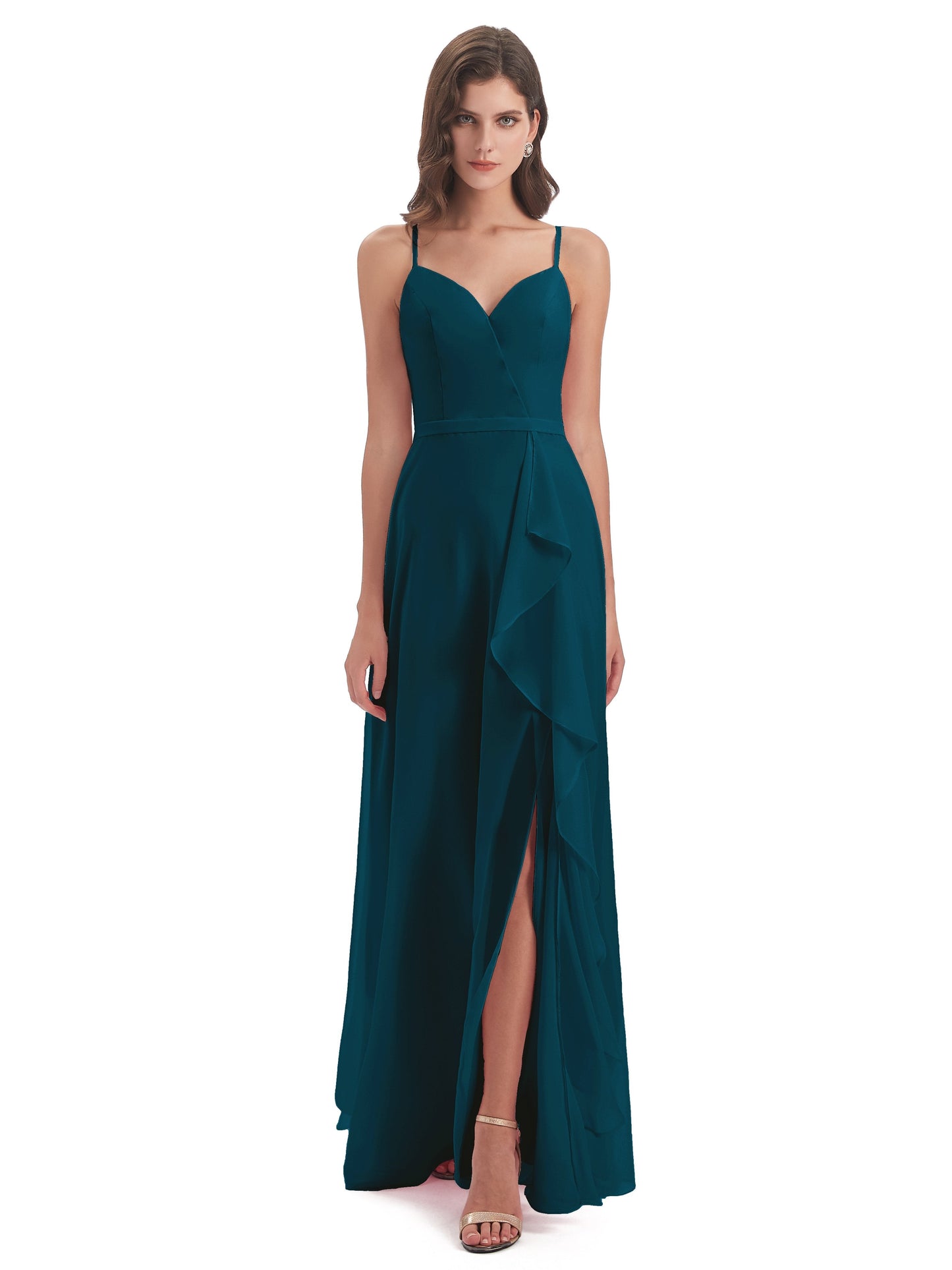 Delilah Sheath Spaghetti Straps Chiffon Long Bridesmaid Dresses