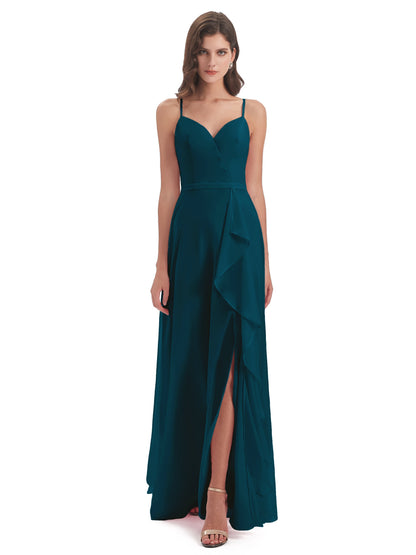 Delilah Sheath Spaghetti Straps Chiffon Long Bridesmaid Dresses