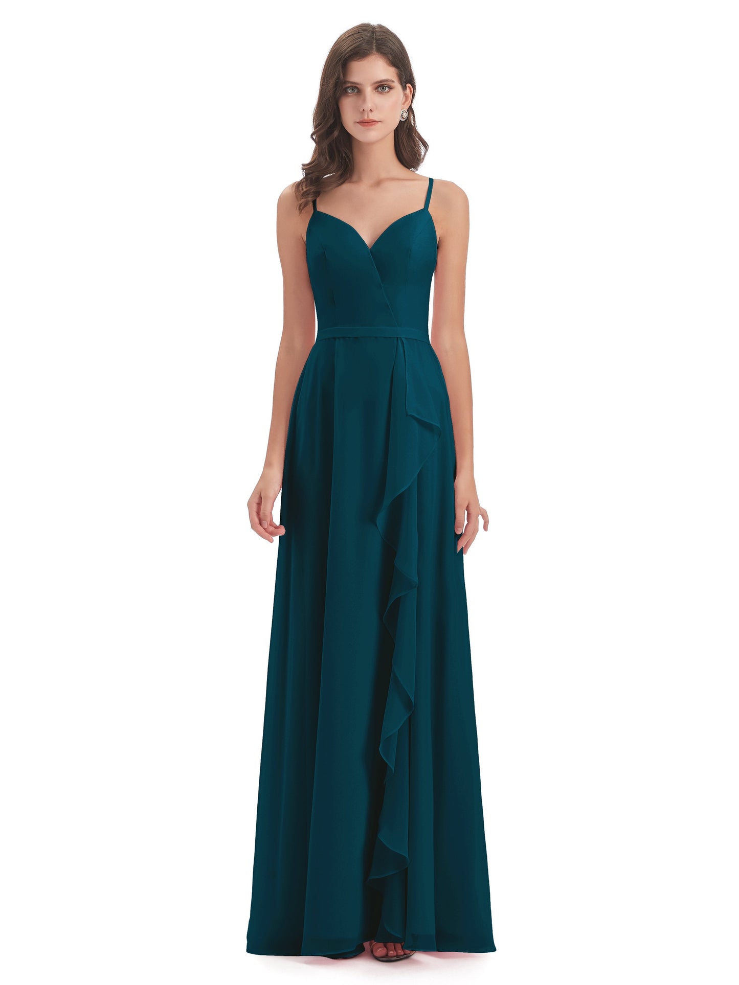Delilah Sheath Spaghetti Straps Chiffon Long Bridesmaid Dresses