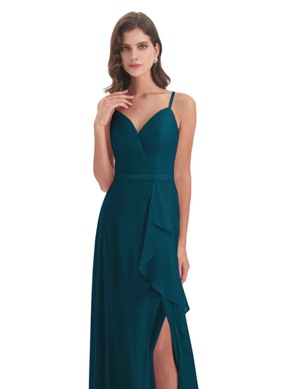 Delilah Sheath Spaghetti Straps Chiffon Long Bridesmaid Dresses