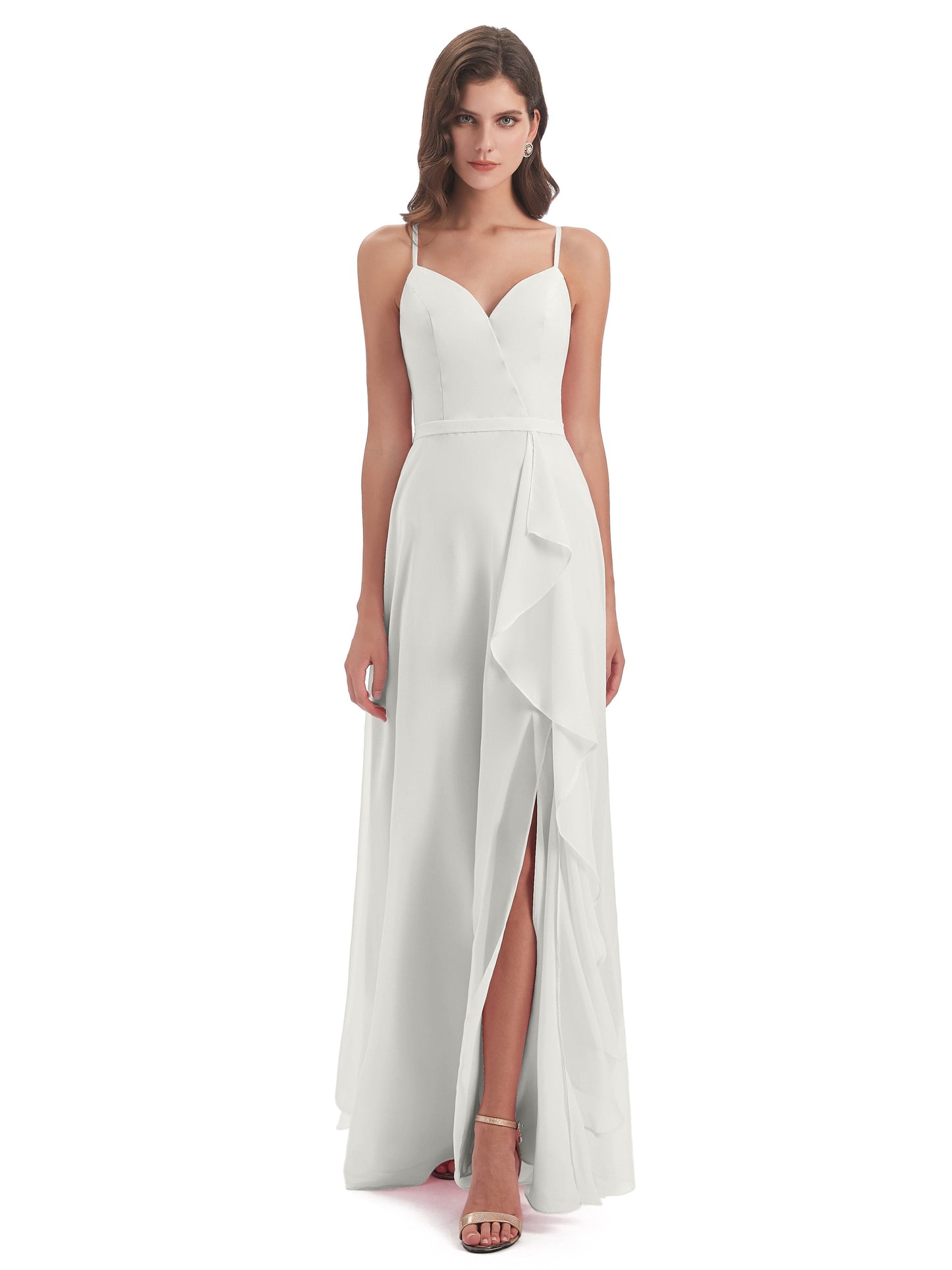 Delilah Sheath Spaghetti Straps Chiffon Long Bridesmaid Dresses