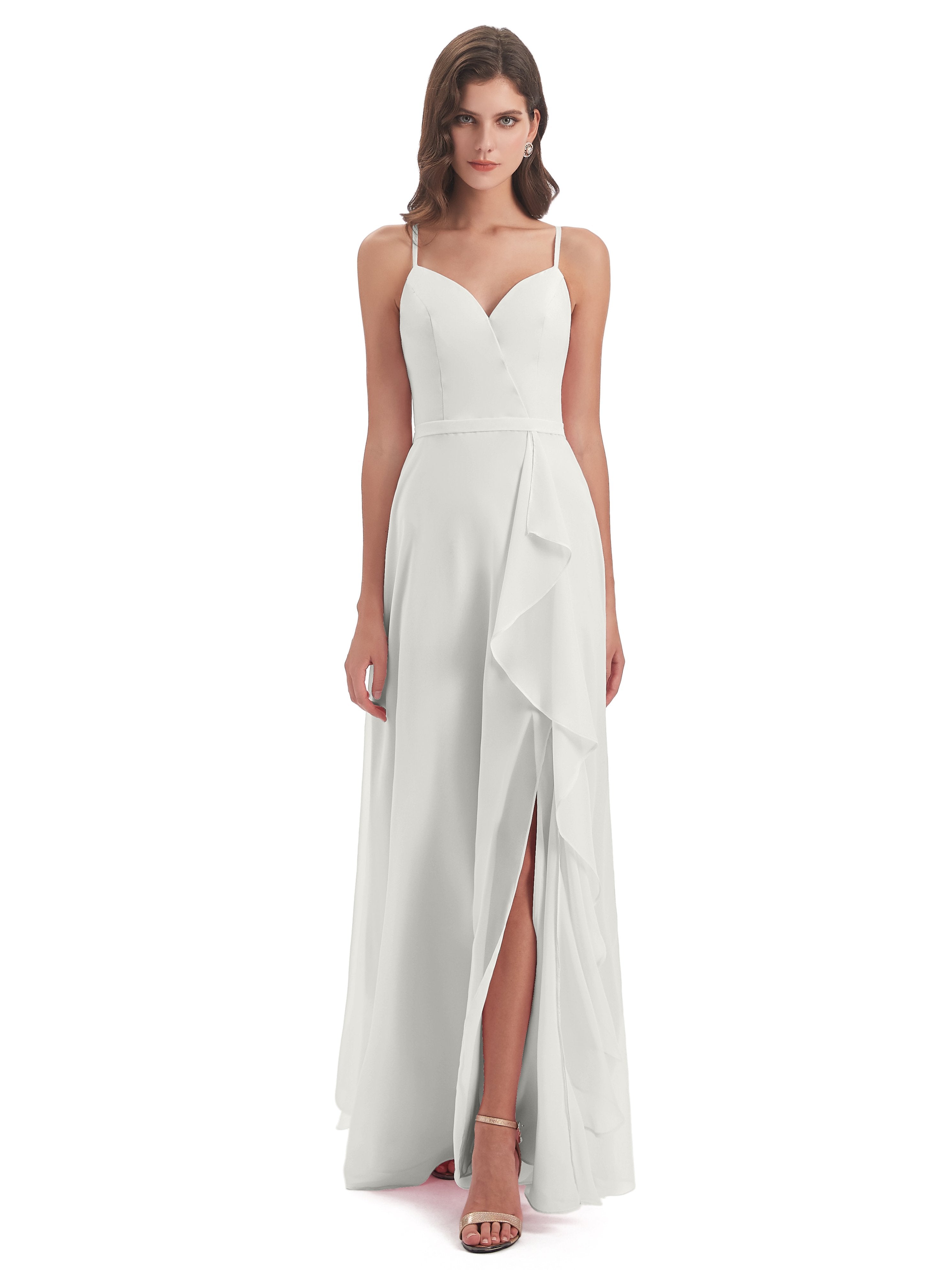 Delilah Sheath Spaghetti Straps Chiffon Long Bridesmaid Dresses