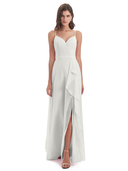 Delilah Sheath Spaghetti Straps Chiffon Long Bridesmaid Dresses