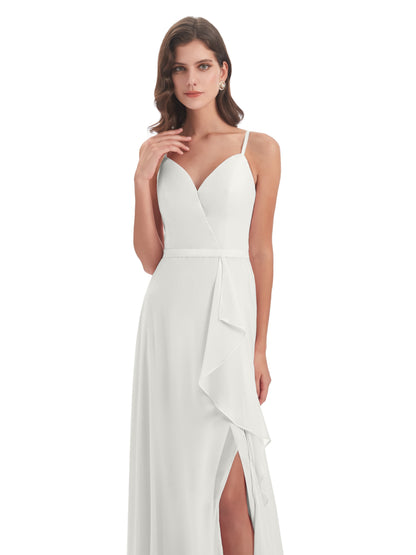 Delilah Sheath Spaghetti Straps Chiffon Long Bridesmaid Dresses