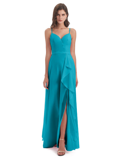 Delilah Sheath Spaghetti Straps Chiffon Long Bridesmaid Dresses