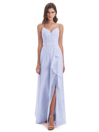 Delilah Sheath Spaghetti Straps Chiffon Long Bridesmaid Dresses