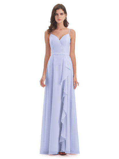 Delilah Sheath Spaghetti Straps Chiffon Long Bridesmaid Dresses