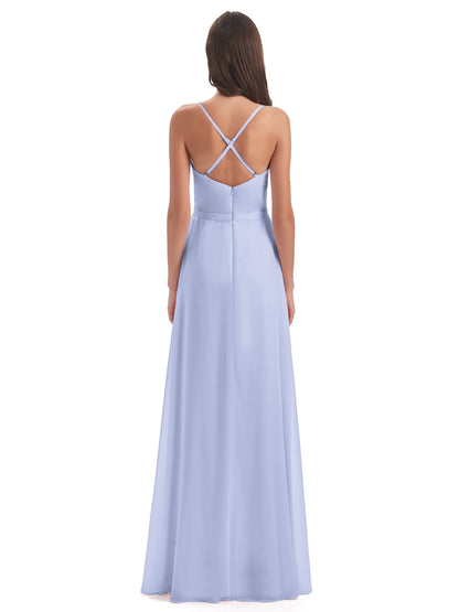 Delilah Sheath Spaghetti Straps Chiffon Long Bridesmaid Dresses