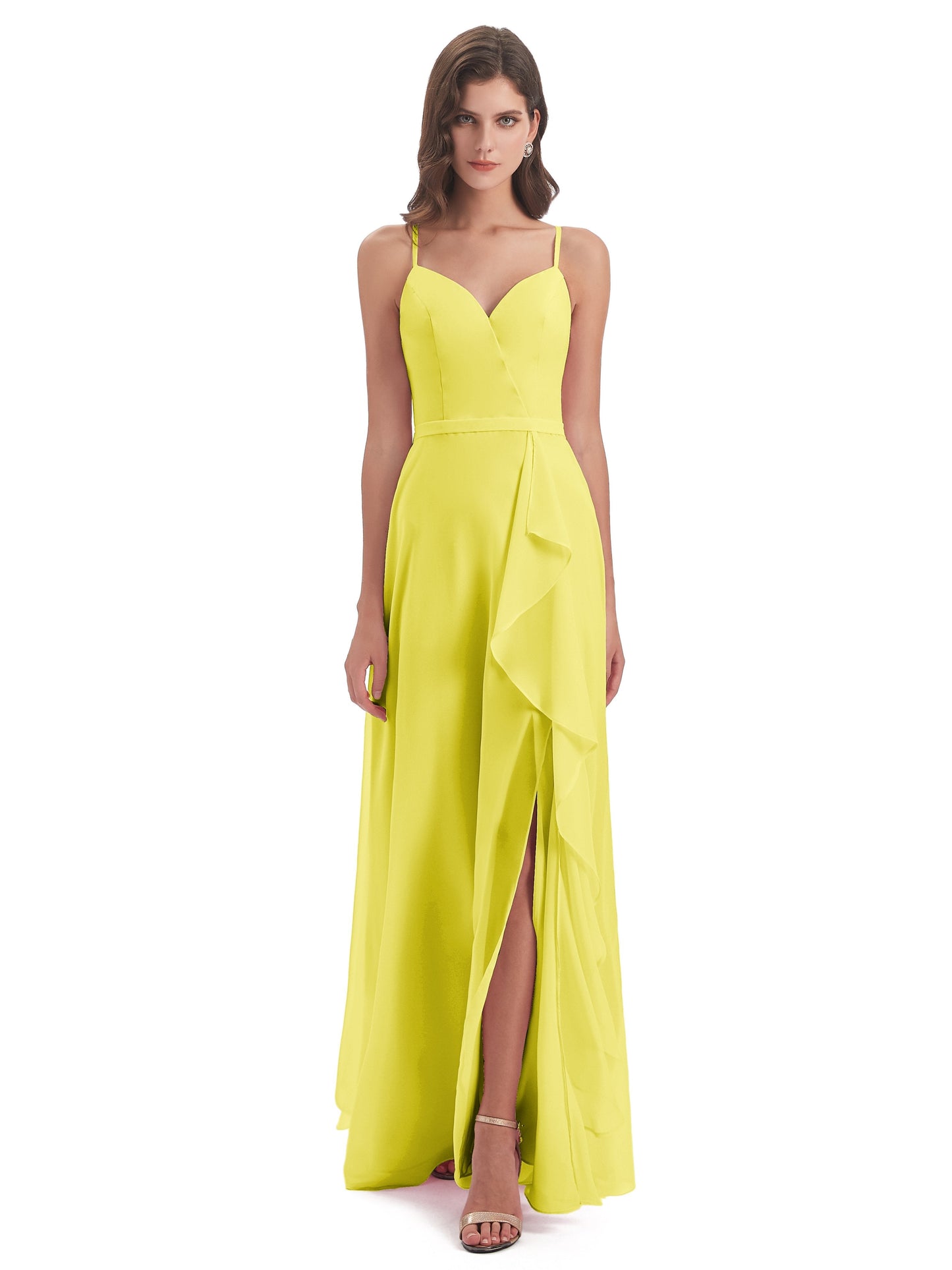 Delilah Sheath Spaghetti Straps Chiffon Long Bridesmaid Dresses