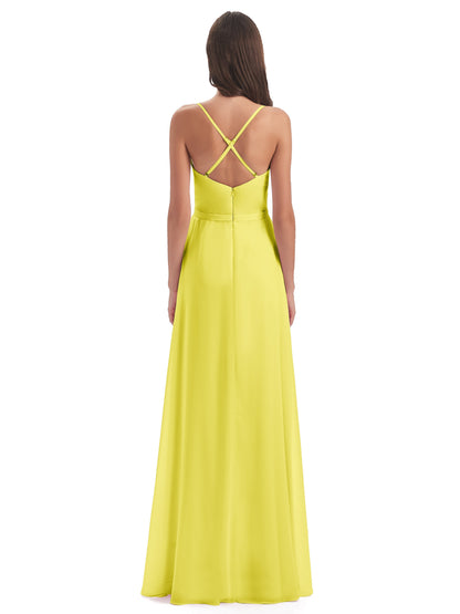 Delilah Sheath Spaghetti Straps Chiffon Long Bridesmaid Dresses