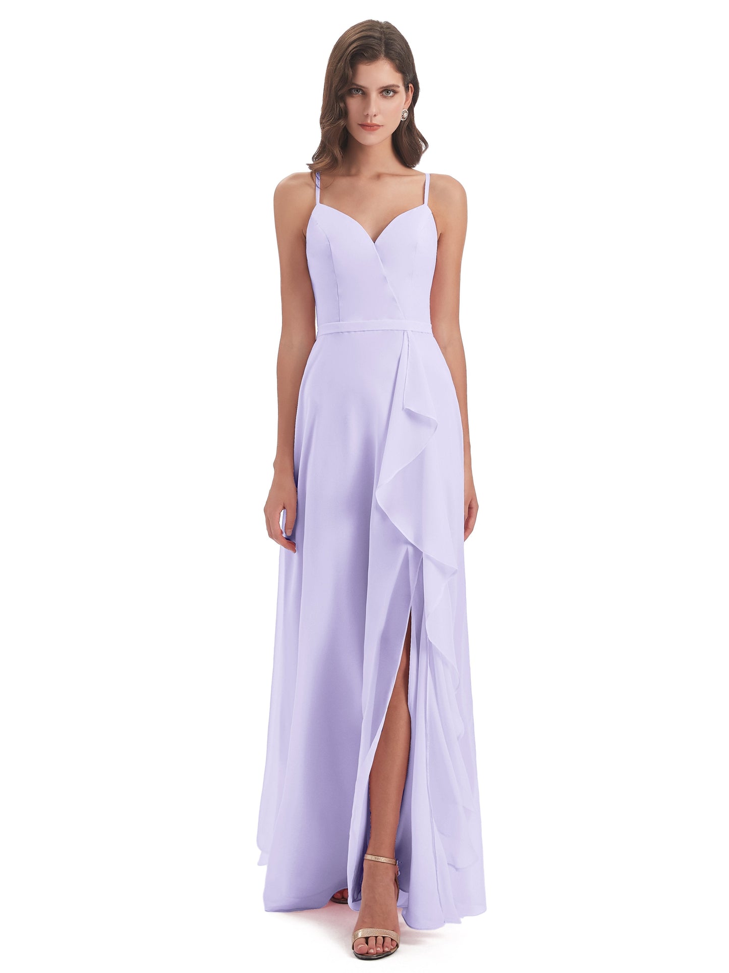 Delilah Sheath Spaghetti Straps Chiffon Long Bridesmaid Dresses