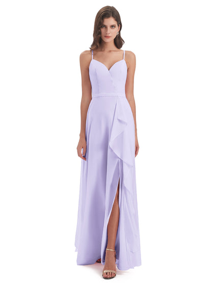 Delilah Sheath Spaghetti Straps Chiffon Long Bridesmaid Dresses