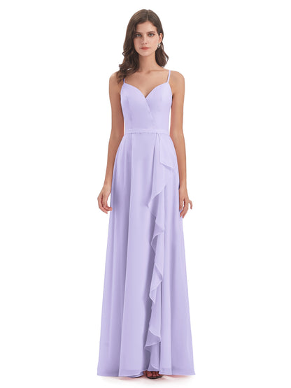 Delilah Sheath Spaghetti Straps Chiffon Long Bridesmaid Dresses