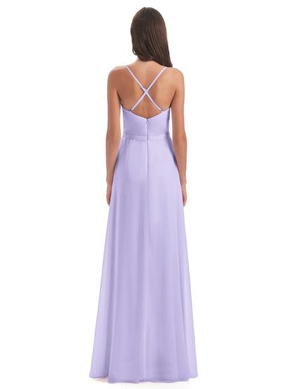 Delilah Sheath Spaghetti Straps Chiffon Long Bridesmaid Dresses