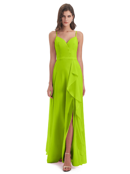 Delilah Sheath Spaghetti Straps Chiffon Long Bridesmaid Dresses