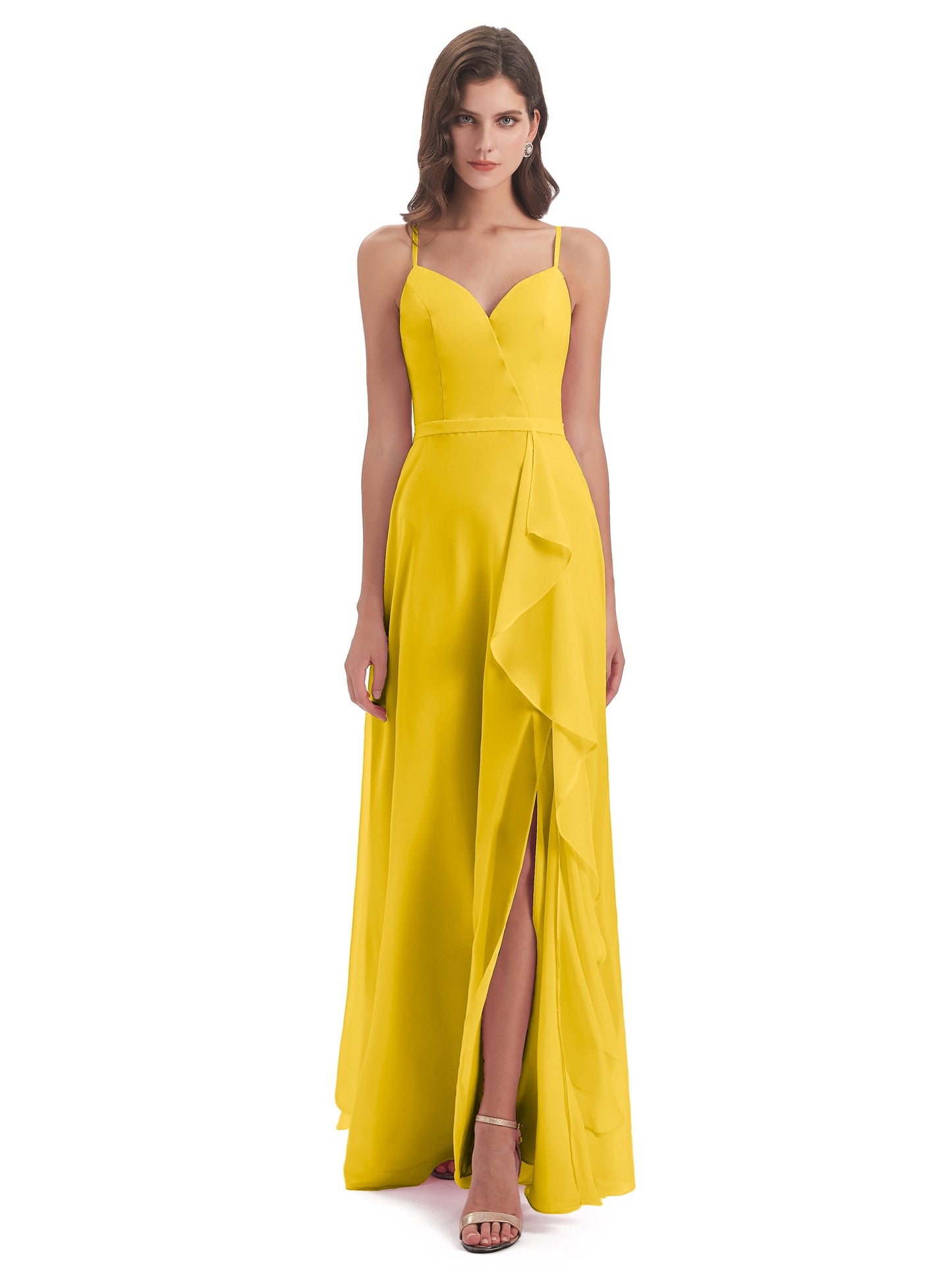 Delilah Sheath Spaghetti Straps Chiffon Long Bridesmaid Dresses