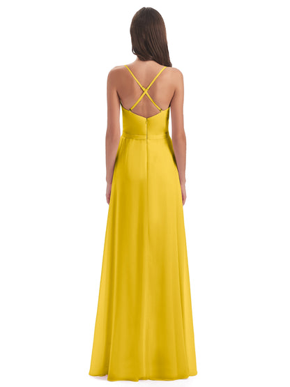 Delilah Sheath Spaghetti Straps Chiffon Long Bridesmaid Dresses