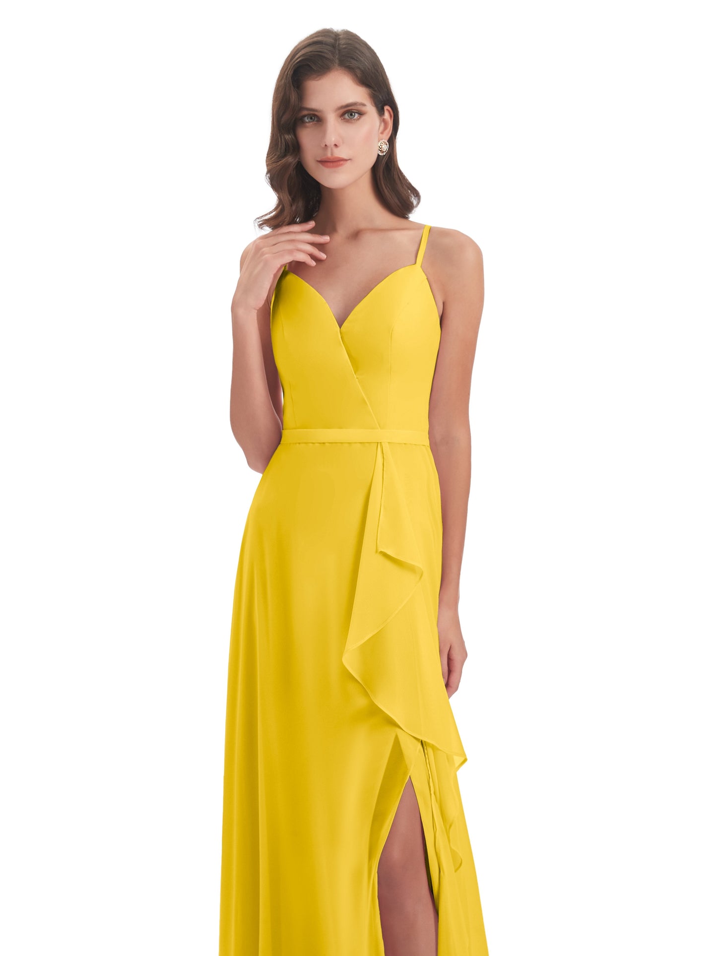 Delilah Sheath Spaghetti Straps Chiffon Long Bridesmaid Dresses