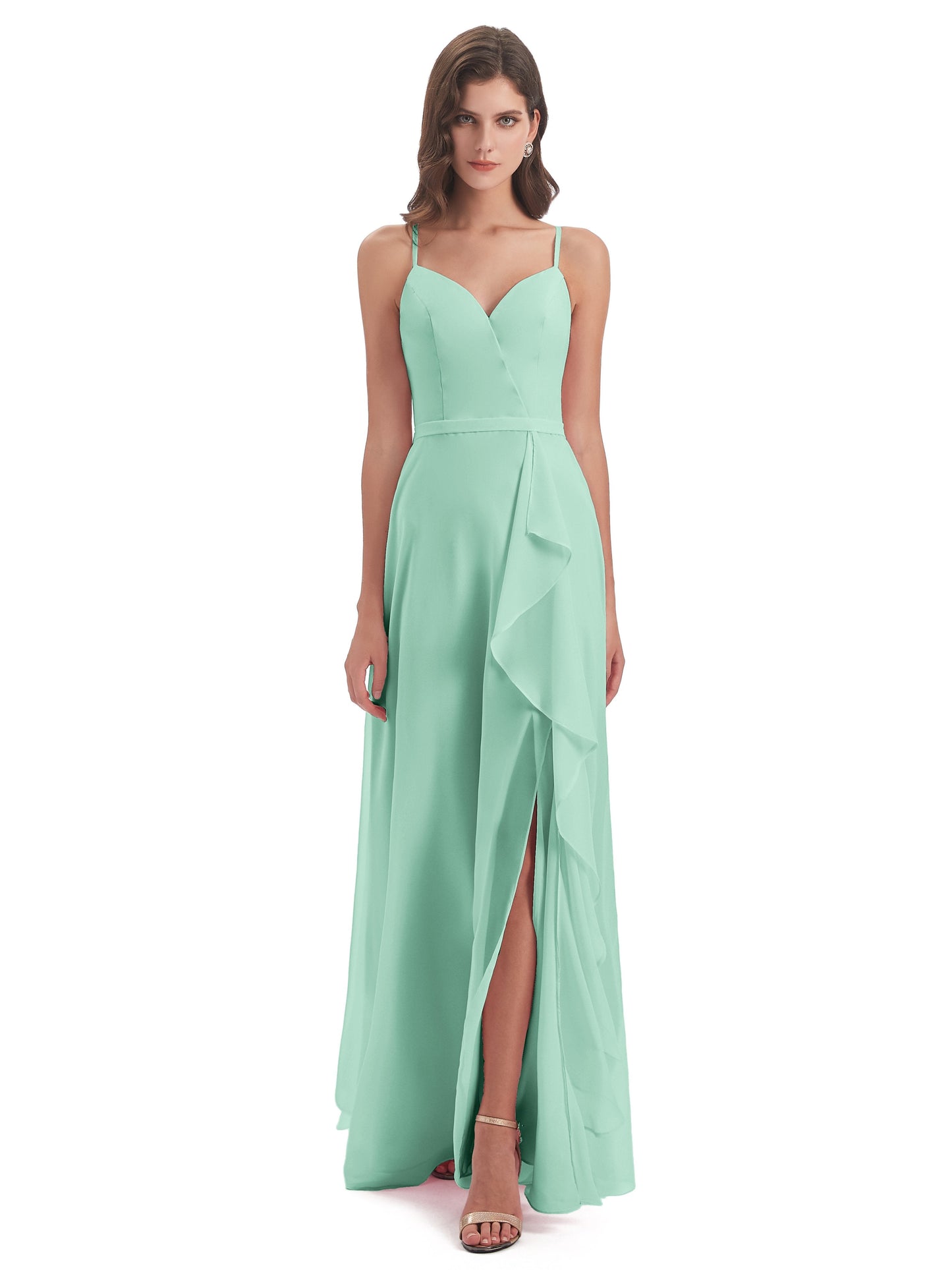 Delilah Sheath Spaghetti Straps Chiffon Long Bridesmaid Dresses
