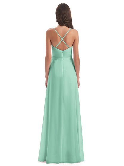 Delilah Sheath Spaghetti Straps Chiffon Long Bridesmaid Dresses