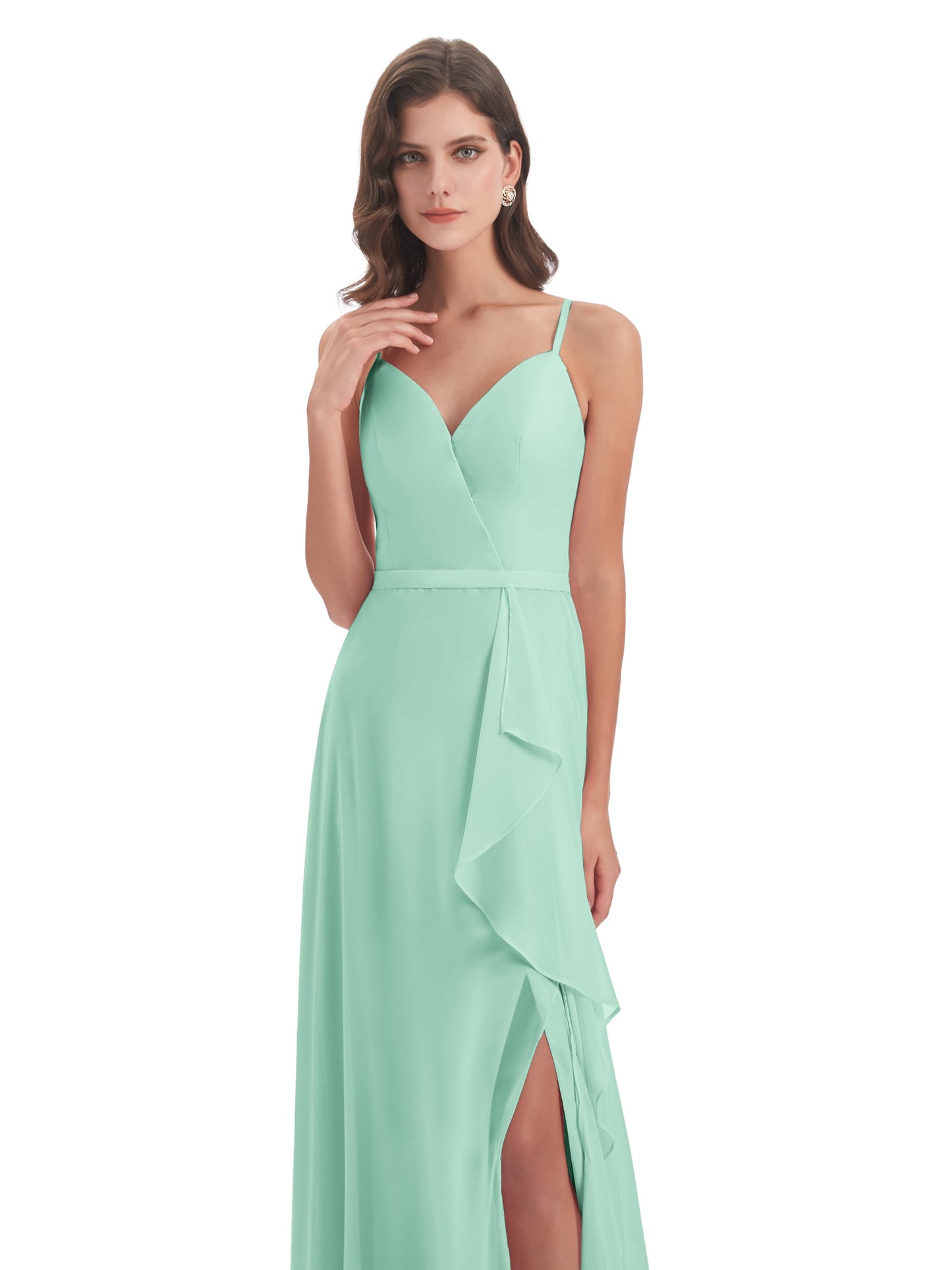 Delilah Sheath Spaghetti Straps Chiffon Long Bridesmaid Dresses