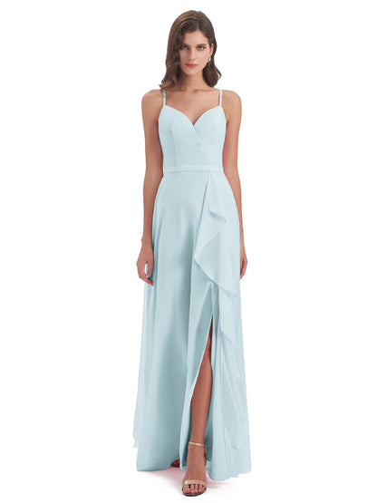 Delilah Sheath Spaghetti Straps Chiffon Long Bridesmaid Dresses