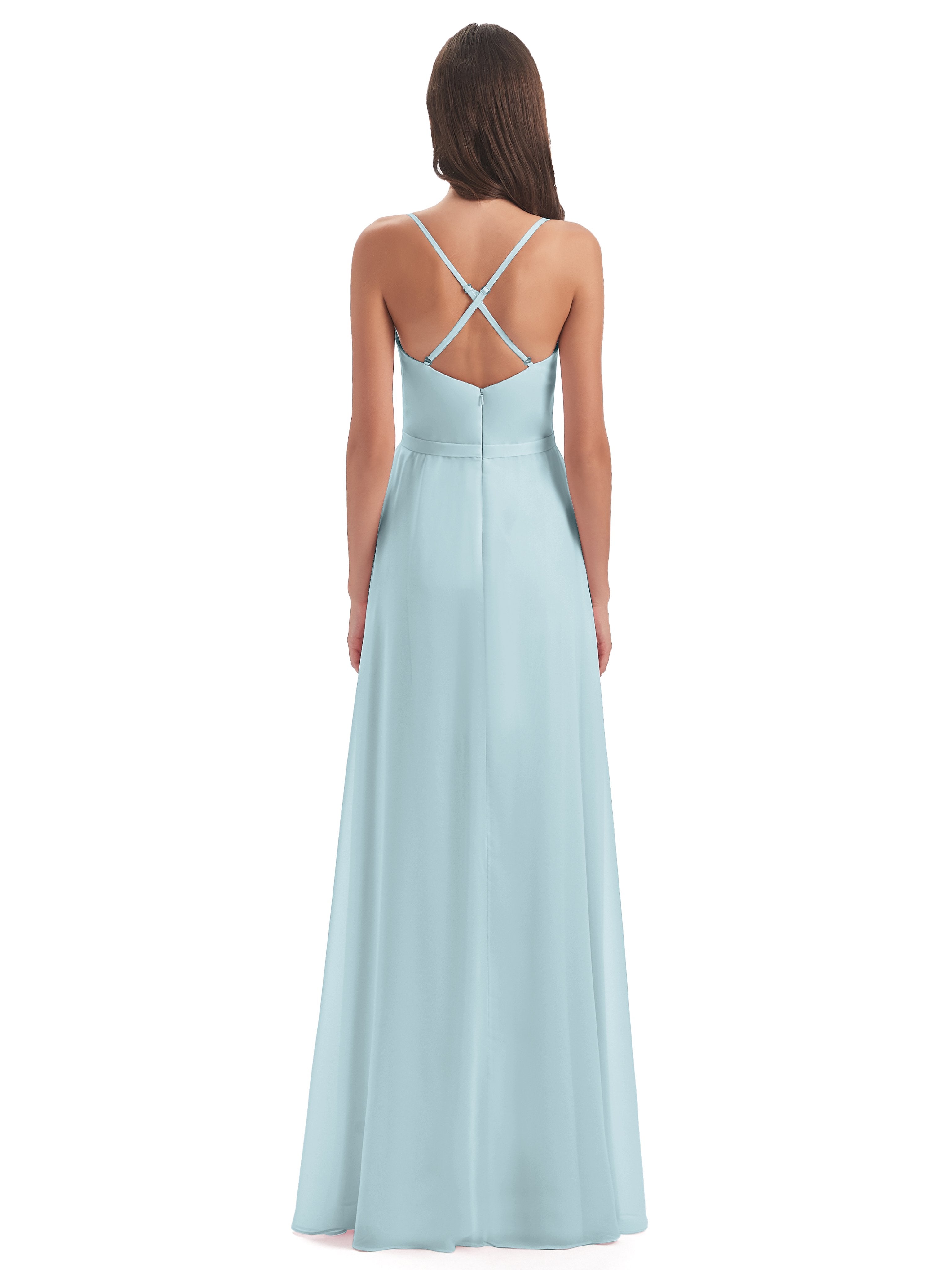 Delilah Sheath Spaghetti Straps Chiffon Long Bridesmaid Dresses