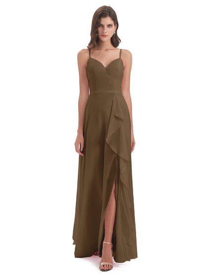 Delilah Sheath Spaghetti Straps Chiffon Long Bridesmaid Dresses