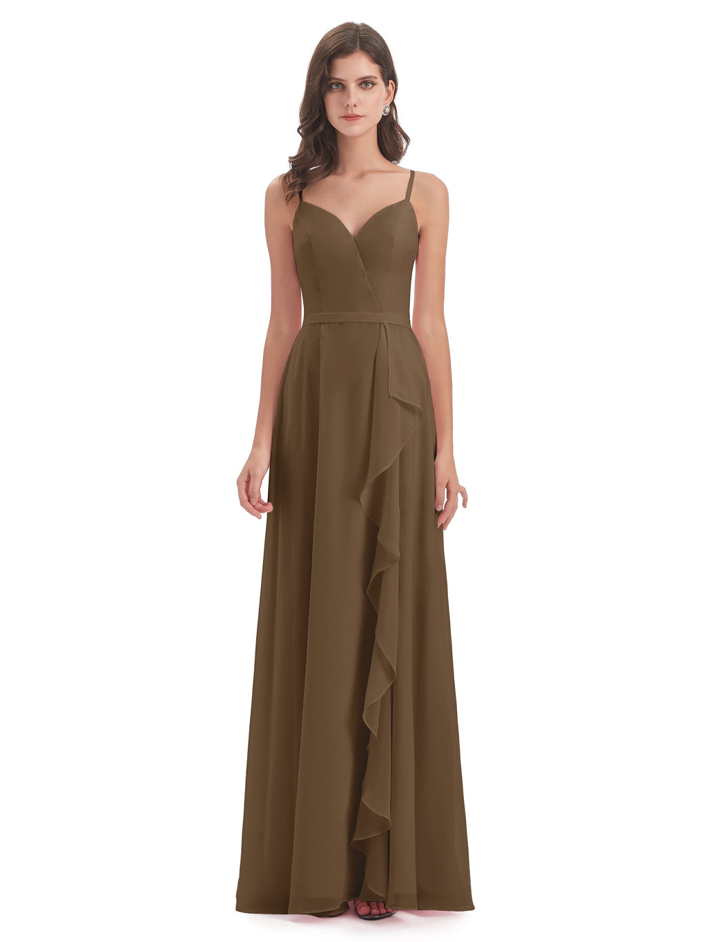 Delilah Sheath Spaghetti Straps Chiffon Long Bridesmaid Dresses