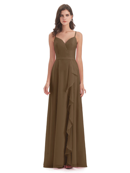 Delilah Sheath Spaghetti Straps Chiffon Long Bridesmaid Dresses