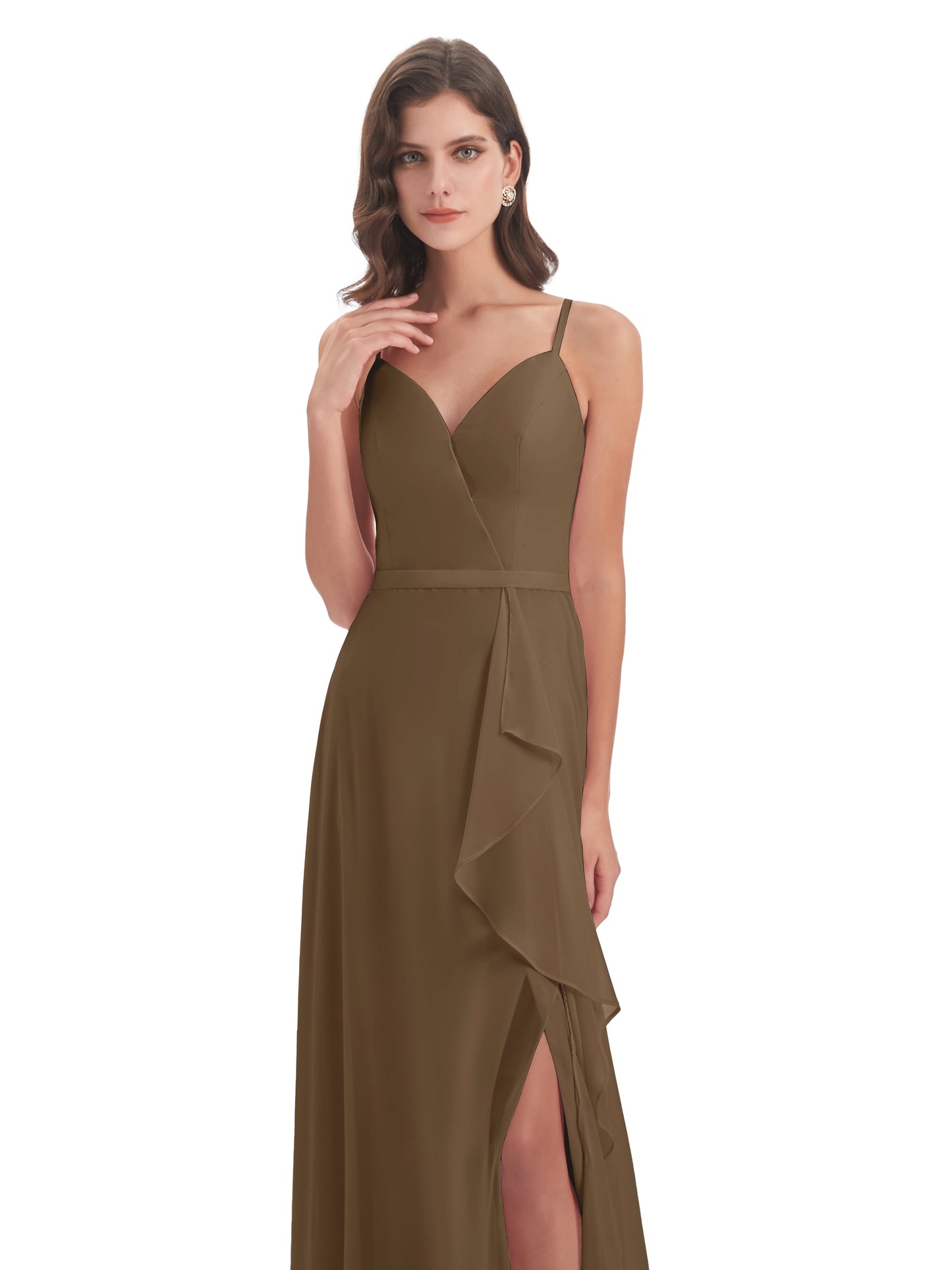 Delilah Sheath Spaghetti Straps Chiffon Long Bridesmaid Dresses