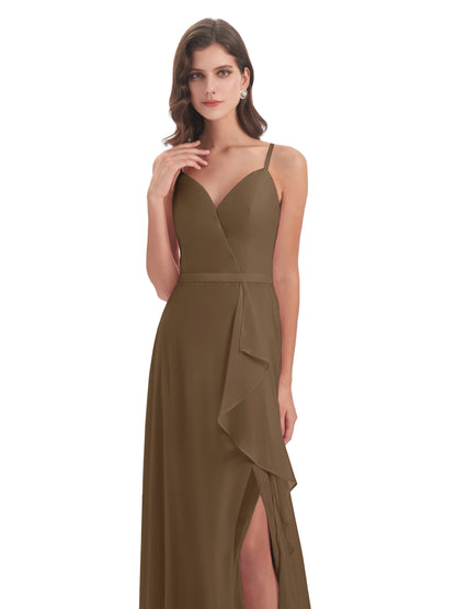 Delilah Sheath Spaghetti Straps Chiffon Long Bridesmaid Dresses