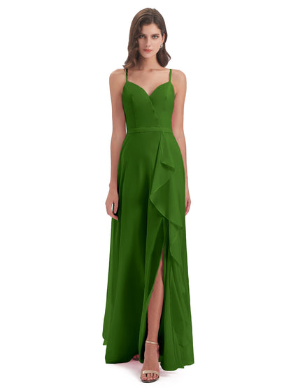 Delilah Sheath Spaghetti Straps Chiffon Long Bridesmaid Dresses