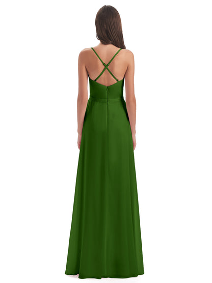 Delilah Sheath Spaghetti Straps Chiffon Long Bridesmaid Dresses