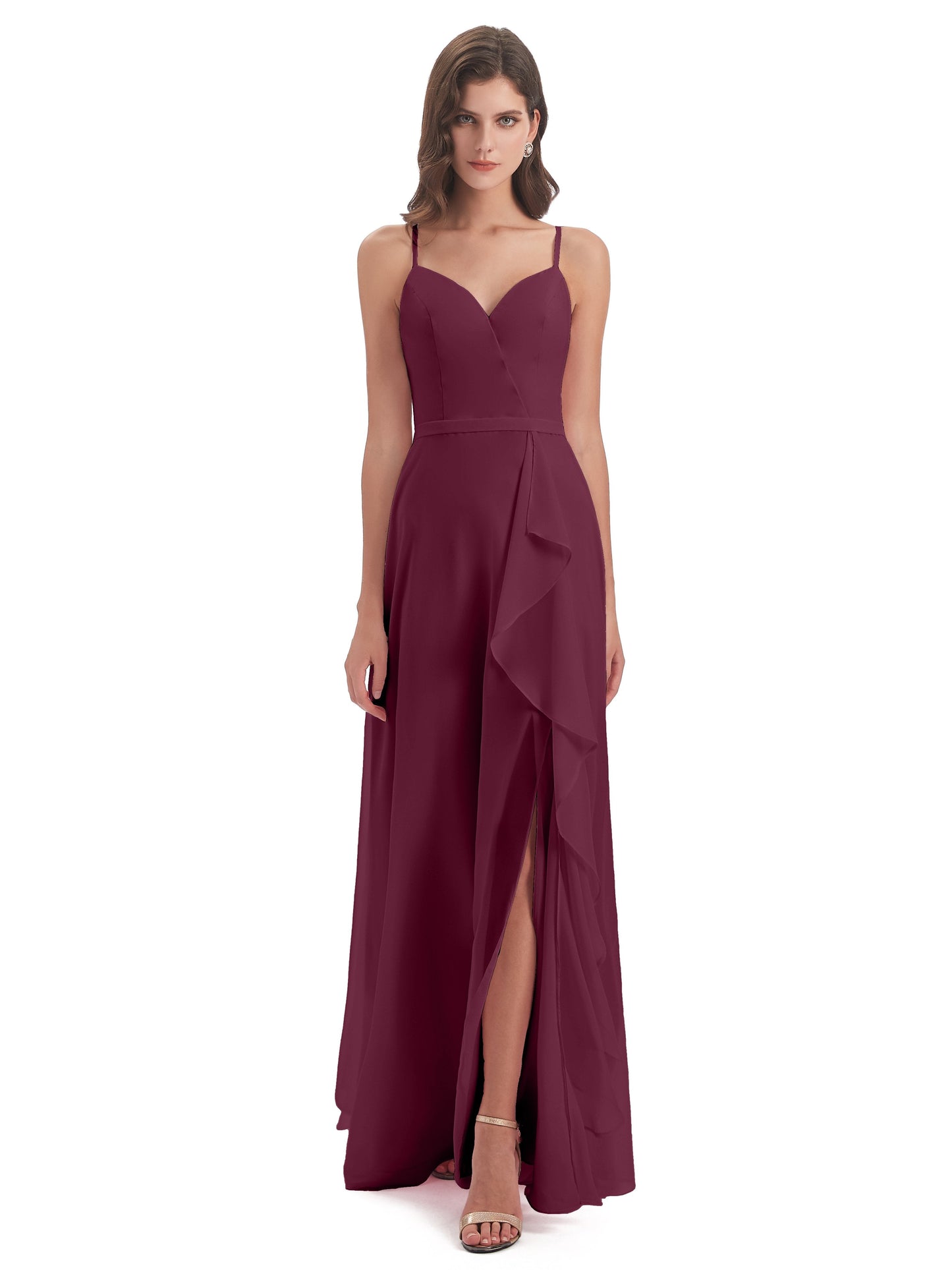 Delilah Sheath Spaghetti Straps Chiffon Long Bridesmaid Dresses