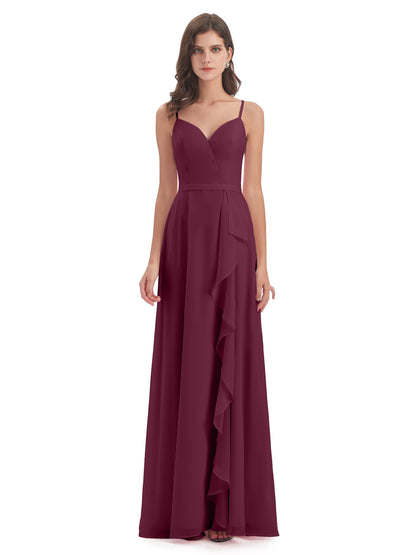 Delilah Sheath Spaghetti Straps Chiffon Long Bridesmaid Dresses