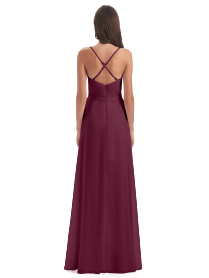 Delilah Sheath Spaghetti Straps Chiffon Long Bridesmaid Dresses