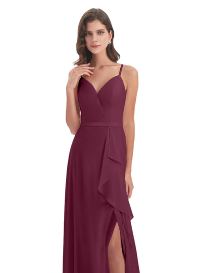 Delilah Sheath Spaghetti Straps Chiffon Long Bridesmaid Dresses