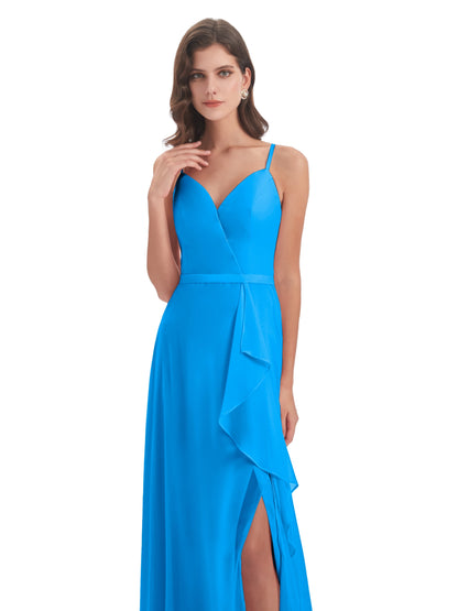 Delilah Sheath Spaghetti Straps Chiffon Long Bridesmaid Dresses