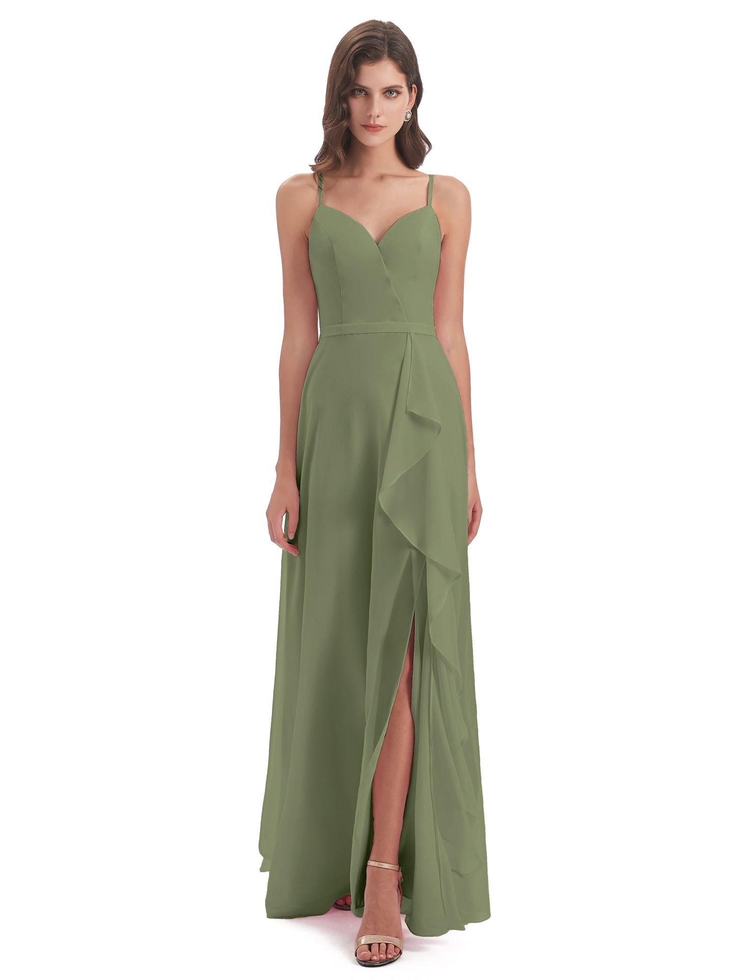 Delilah Sheath Spaghetti Straps Chiffon Long Bridesmaid Dresses