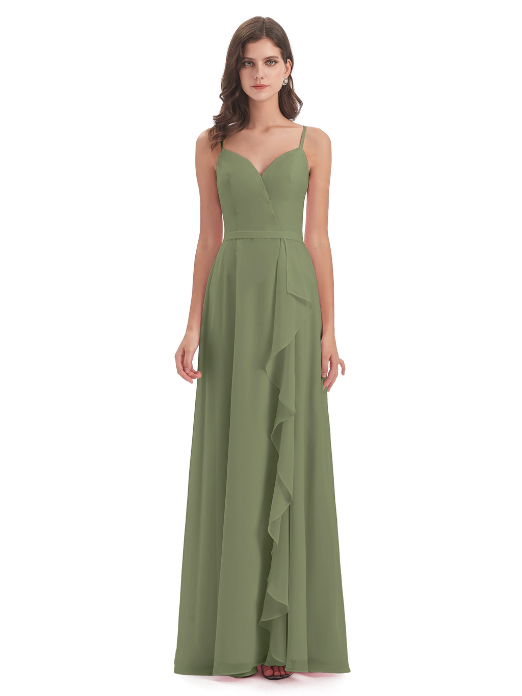 Delilah Sheath Spaghetti Straps Chiffon Long Bridesmaid Dresses