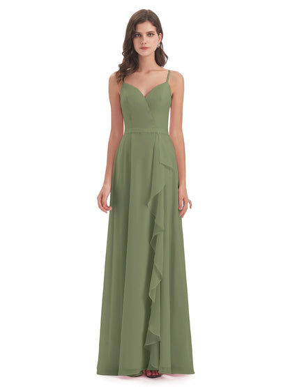 Delilah Sheath Spaghetti Straps Chiffon Long Bridesmaid Dresses