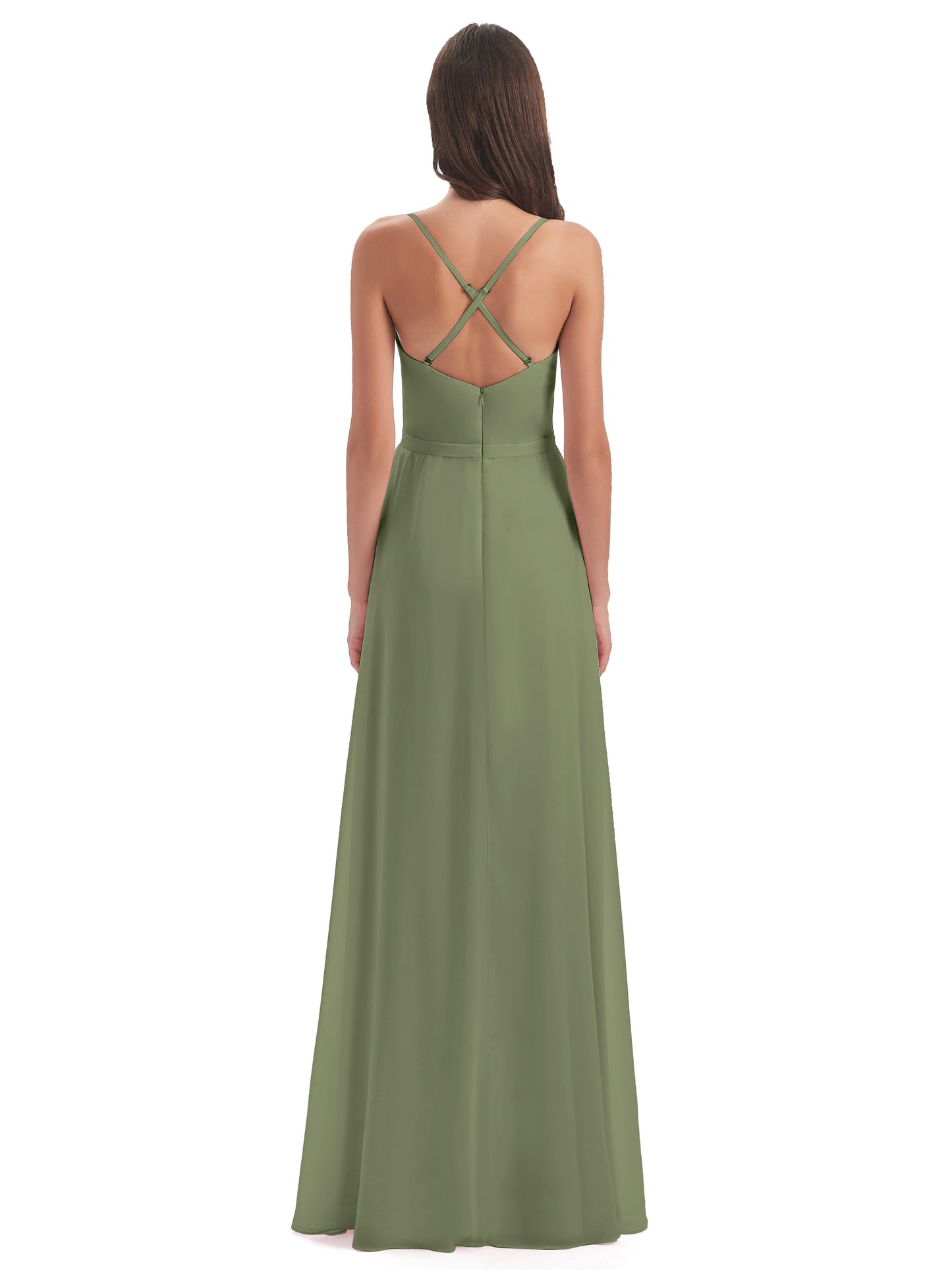 Delilah Sheath Spaghetti Straps Chiffon Long Bridesmaid Dresses