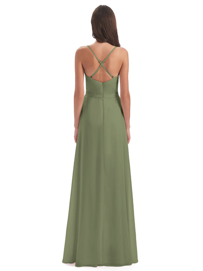 Delilah Sheath Spaghetti Straps Chiffon Long Bridesmaid Dresses